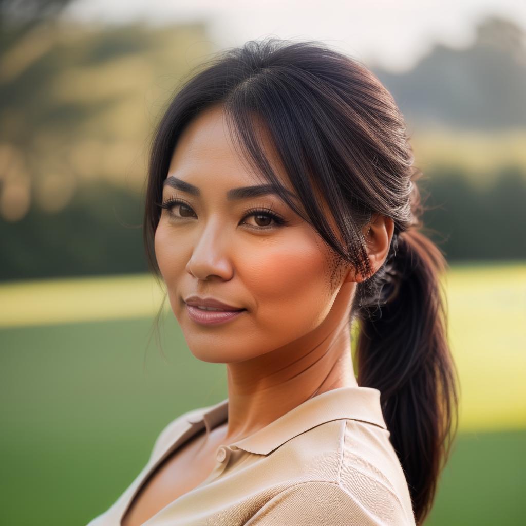  (((realistic full torso frontal head shot of a light tan skin tone woman))), hitomi yuki miyamoto, ((japanese heritage)), mature face, hazel eye color, ((ponytail hair style)), ((black hair color)), ((skinny body type)), small size, small size, (mature small rounded nose), (mature defined cheekbones), (mature smooth jawline), (mature medium lips), (mature high forehead), (mature arched eyebrows), (mature dimpled chin), standing straight looking directly into the camera,((wearing fitted polo shirt with deep v neck and monogrammed pocket)), backyard in background, 1girl, best quality, highest quality, award winning photo, masterpiece, raw, professional photography, photorealism, sharp focus, cinematic, high resolution, sharp, hyperrealistic, full body, detailed clothing, highly detailed, cinematic lighting, stunningly beautiful, intricate, sharp focus, f/1. 8, 85mm, (centered image composition), (professionally color graded), ((bright soft diffused light)), volumetric fog, trending on instagram, trending on tumblr, HDR 4K, 8K