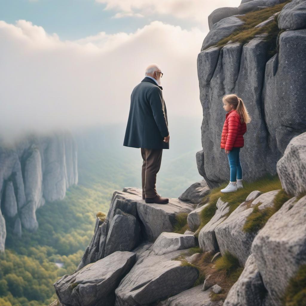  cinematic photo grandpa with a granddaughter standing at the top of the rock and looking in the mirror . 35mm photograph, film, bokeh, professional, 4k, highly detailed, logo hyperrealistic, full body, detailed clothing, highly detailed, cinematic lighting, stunningly beautiful, intricate, sharp focus, f/1. 8, 85mm, (centered image composition), (professionally color graded), ((bright soft diffused light)), volumetric fog, trending on instagram, trending on tumblr, HDR 4K, 8K