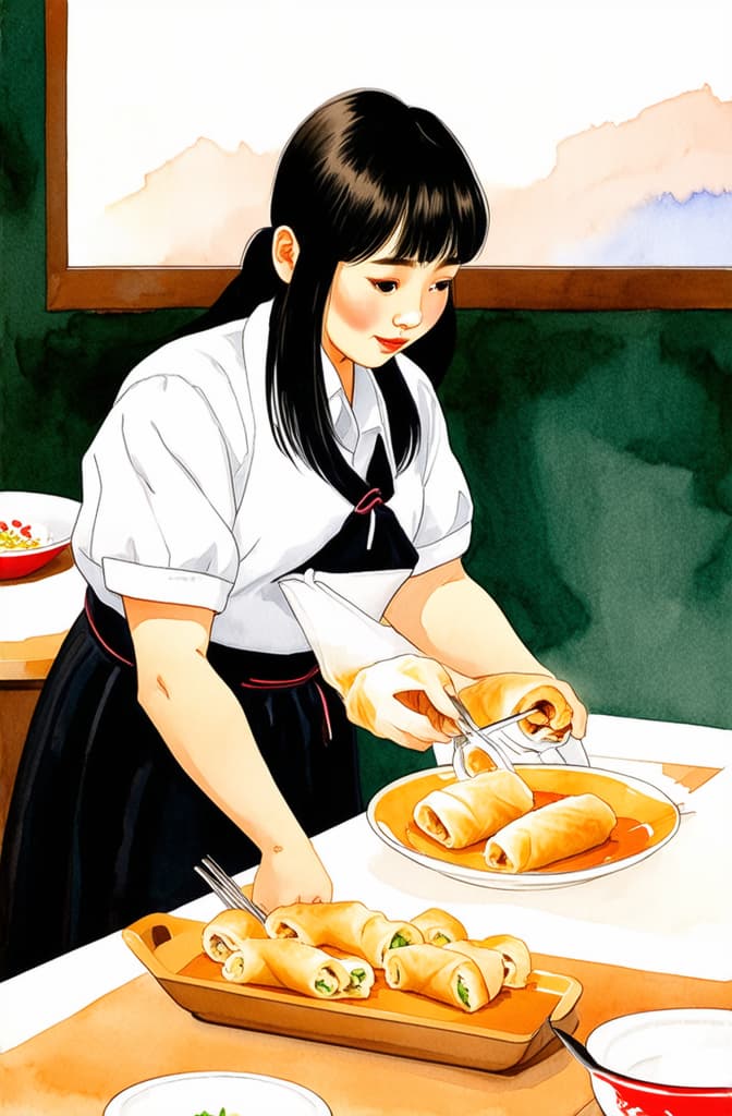  artwork a girl of chinese descent makes rolls at a table in a restaurant ar 2:3, watercolor techniques, featuring fluid colors, subtle gradients, transparency associated with watercolor art