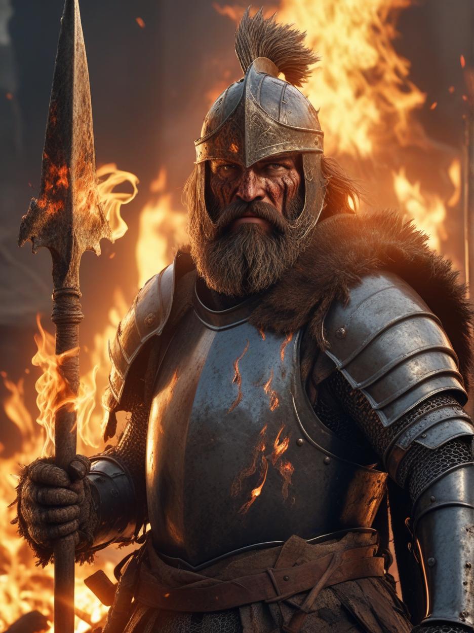  an extremely ugly and rough looking male knight with a flame scarred face and bushy beard is standing in front of a fire, wearing tattered armor while wielding a spear, high quality, high details, hd, perfect composition, 4k epic detailed, highly detailed, sharp focus, high resolution