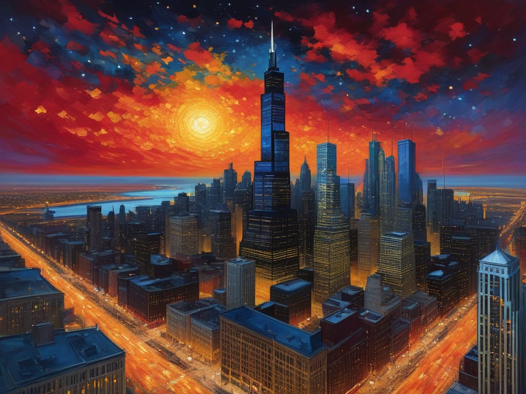  ethereal fantasy concept art of sears tower, crain's communications building, drone view, tilt shift, van gogh's starry night, colorful red orange swirls, cloud gate, hyper realistic, chicago skyline, mesmerizing, intricate details, flambient golden red sunrise, dramatic lighting, epic composition, wide angle, cinematic, masterpiece, 4k, raw photo, van gogh influence, studio lighting, impressionist, bold colors, starry sky, architectural elements, medium format lens, high angle, cityscape, city life, metropolitan, van gogh's brushstrokes, van gogh's shadows, van gogh's colors, van gogh's textures, nighttime, city scene, streets, night cityscape. magnificent, celestial, ethereal, painterly, epic, majestic, magical, fantasy art, cover art, dr