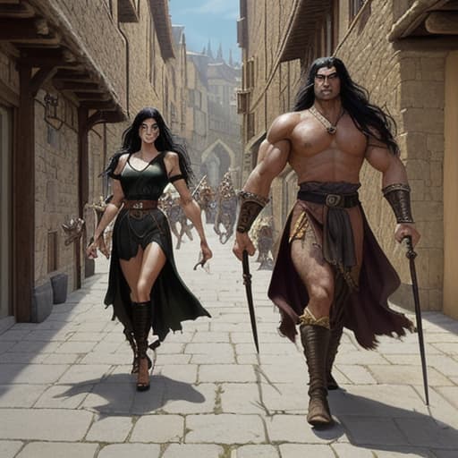  80's fantasy art, A towering, muscular monk with gentle yet intense black eyes, olive-toned skin, and long black hair, leading a wary but attractive woman with a wiry build and daggers at her belt. They're walking through a bustling medieval town with cobbled streets and timber-framed buildings, heading towards a large and lively tavern, 'The Gryphon's Claw', with a sign showing a fierce gryphon.