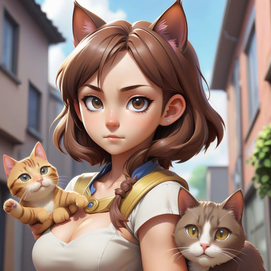  anime artwork a girl with brown hair and a kara on the head of a cat's ear . anime style, key visual, vibrant, studio anime, highly detailed, logo