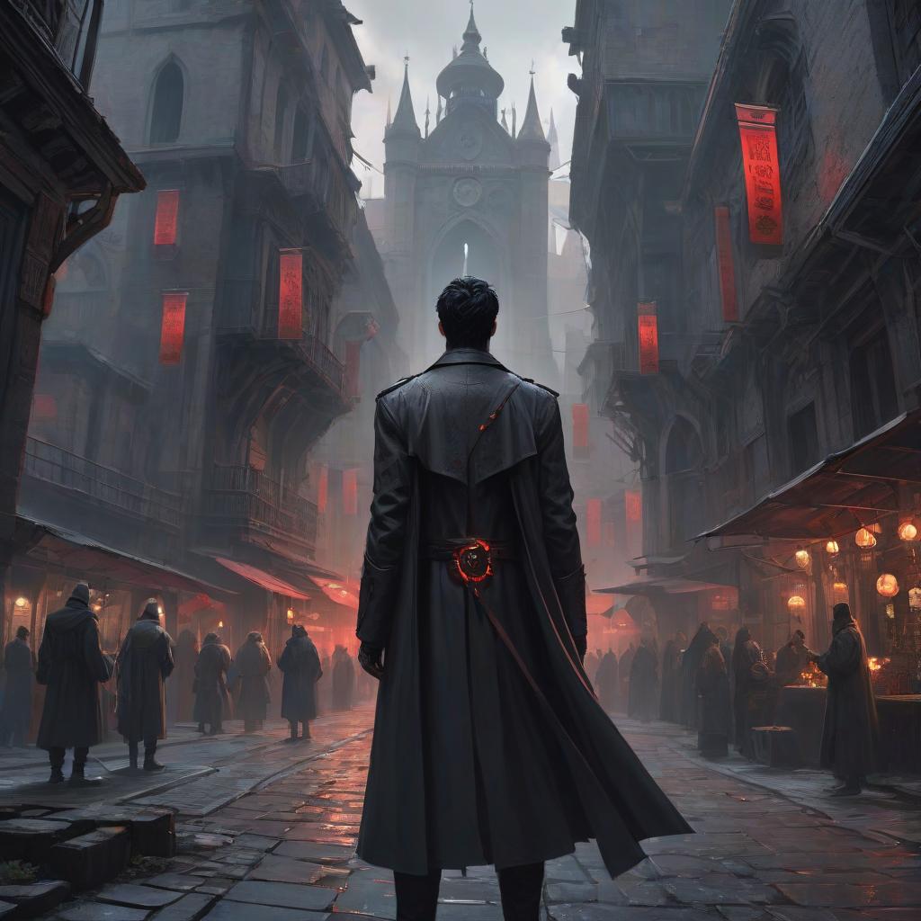  concept art the medieval city, a part of which painted a dark, grey substation, in the middle of a void, is the god who called it, and he wears a white shirt and a black coat in his hand, holds a black catan that cuts the space, his eyes red, and the black hair is not too long, he's a man of sweetness and painted in animos . digital artwork, illustrative, painterly, matte painting, highly detailed, hkmagic hyperrealistic, full body, detailed clothing, highly detailed, cinematic lighting, stunningly beautiful, intricate, sharp focus, f/1. 8, 85mm, (centered image composition), (professionally color graded), ((bright soft diffused light)), volumetric fog, trending on instagram, trending on tumblr, HDR 4K, 8K