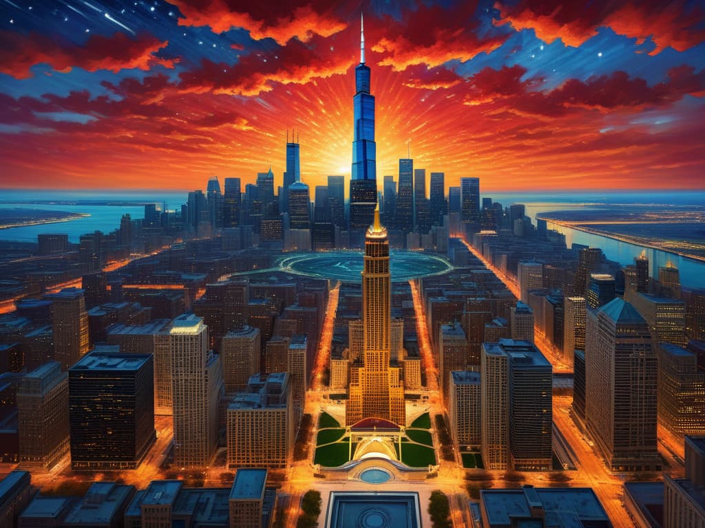  ethereal fantasy concept art of sears tower, crain's communications building, drone view, tilt shift, van gogh's starry night, colorful red orange swirls, cloud gate, hyper realistic, chicago skyline, mesmerizing, intricate details, flambient golden red sunrise, dramatic lighting, epic composition, wide angle, cinematic, masterpiece, 4k, raw photo, van gogh influence, studio lighting, impressionist, bold colors, starry sky, architectural elements, medium format lens, high angle, cityscape, city life, metropolitan, van gogh's brushstrokes, van gogh's shadows, van gogh's colors, van gogh's textures, nighttime, city scene, streets, night cityscape. magnificent, celestial, ethereal, painterly, epic, majestic, magical, fantasy art, cover art, dr