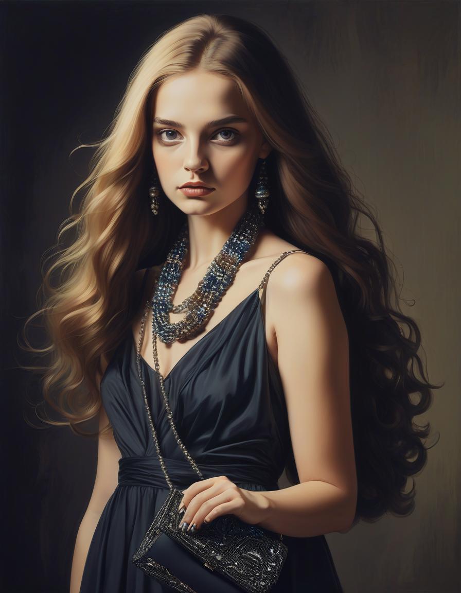  in the style of di cavalcanti, long haired girl with an evening bag of beads, drama, illustration, modern