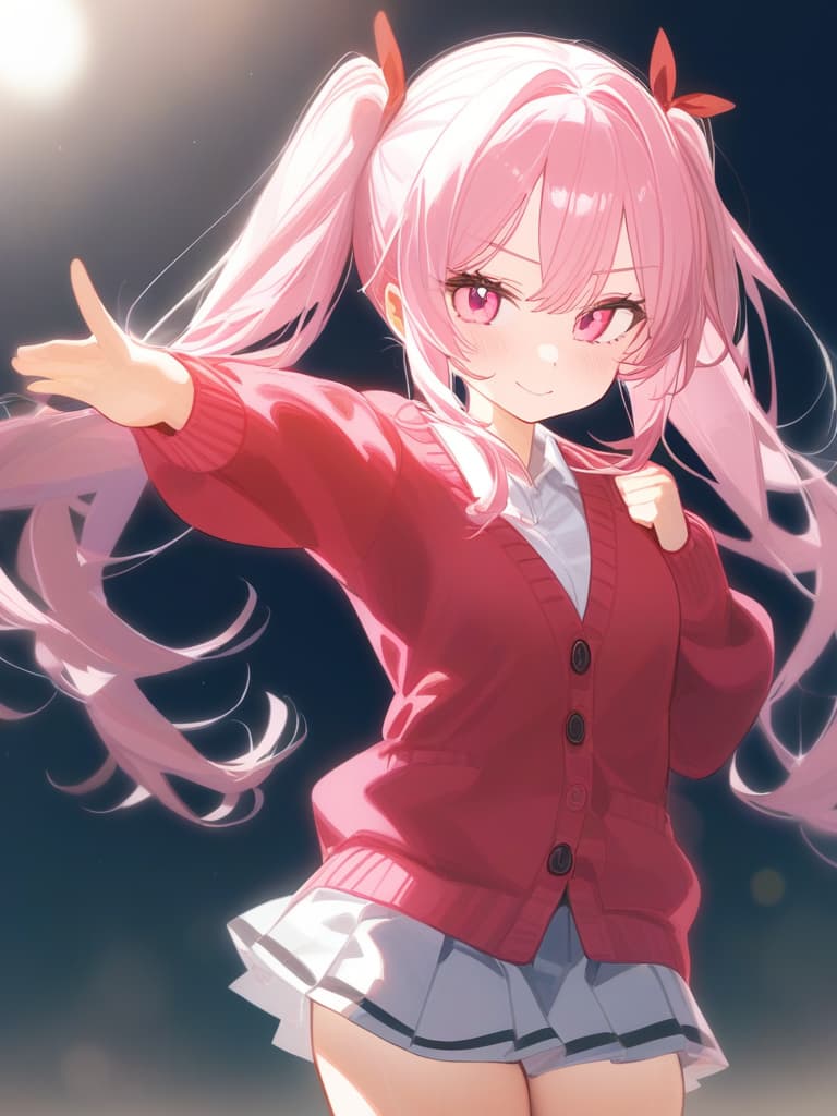  cute face focus,cute,white pink hair,pink eyes,cute posing,cardigan,pleats skirt ,long hair,young,twintail