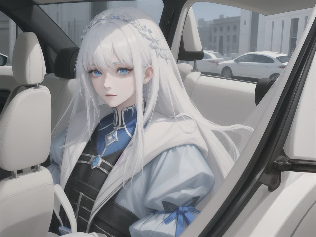  Double hingering, white hair, blue eyes, shears bon, upper, neutral boys, Dark, Y, Boy, in the car, one person, masterpiece, best quality,8k,ultra detailed,high resolution,an extremely delicate and beautiful,hyper detail