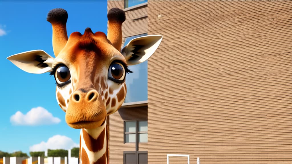  big head, big eyes, caricature, a caricature, rendering, (figurativism:0.8), giraffe near the school in full growth. funny. cute. ar 16:9, epic realistic, pixar style, disney, (cycles render:1.3), caustics, (glossy:0.58), (artstation:0.2), cute