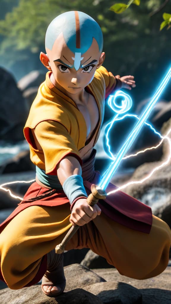  create an anime image of aang struggling with the balance between power and wisdom post victory. hyperrealistic, full body, detailed clothing, highly detailed, cinematic lighting, stunningly beautiful, intricate, sharp focus, f/1. 8, 85mm, (centered image composition), (professionally color graded), ((bright soft diffused light)), volumetric fog, trending on instagram, trending on tumblr, HDR 4K, 8K