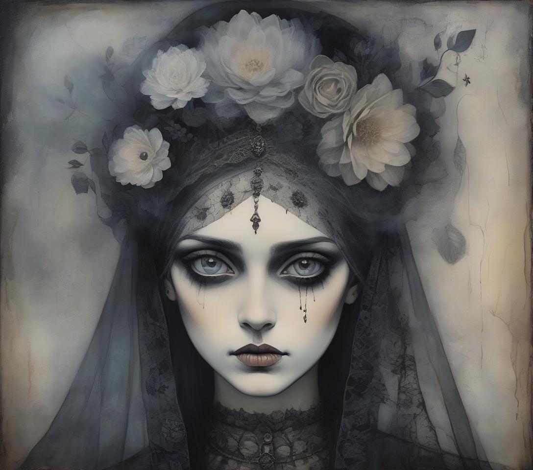  a gothic style portrait of a woman with striking eyes, a black floral headpiece, and veiled headwear that creates a dark, ethereal aura. mysterious girl’s portrait in smoke and gossamer, patchwork nostalgia and impasto, art brut, moody, somber, desaturated colors, in the style of paul klee, arthur rackham, tim burton, banksy