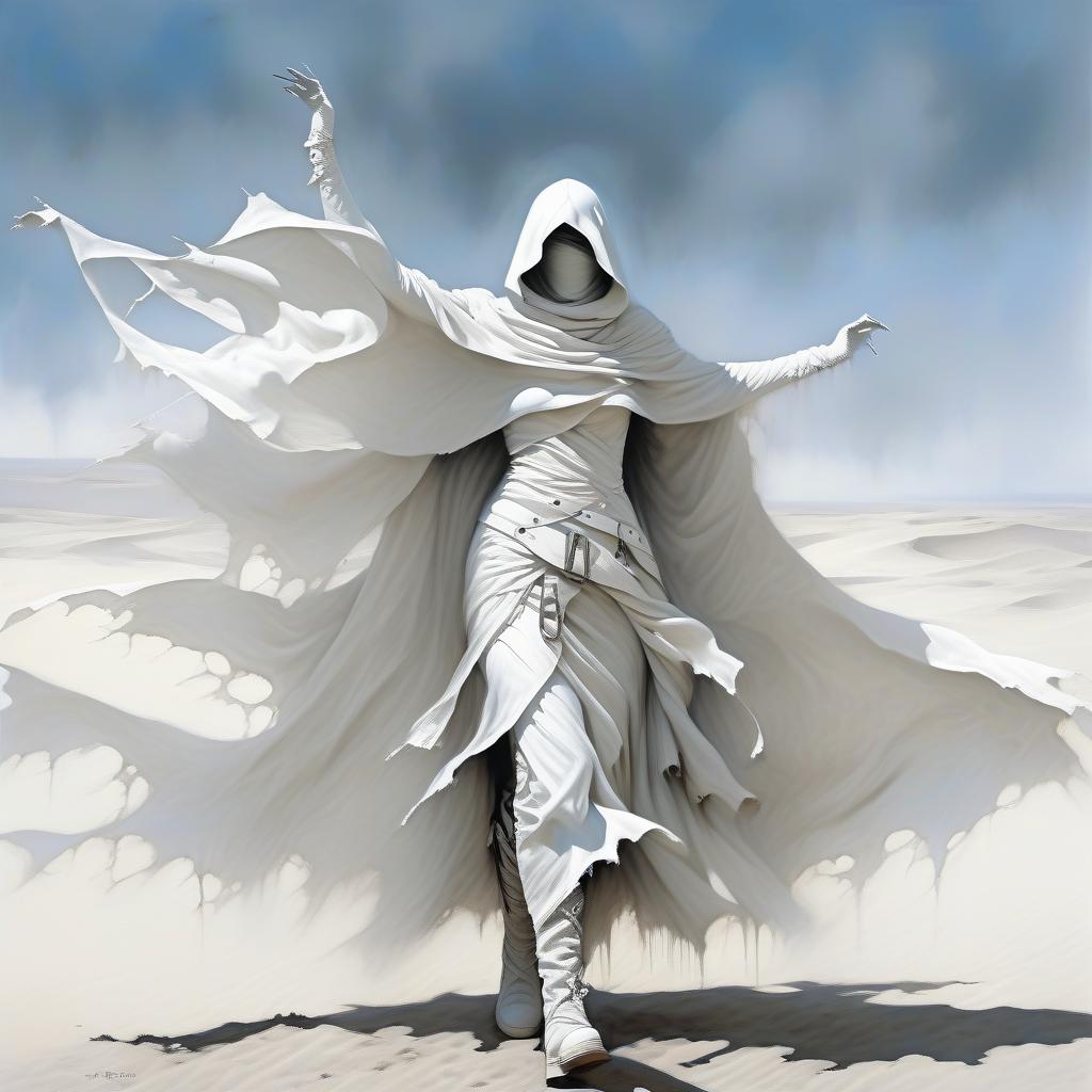  macabre style fantasy girl in a white scarf on the lower part of her face, in a white, white ragged, leaky cloak, in white gloves. black and steel buckle on the chest, on the cloak. . dark, gothic, grim, haunting, highly detailed