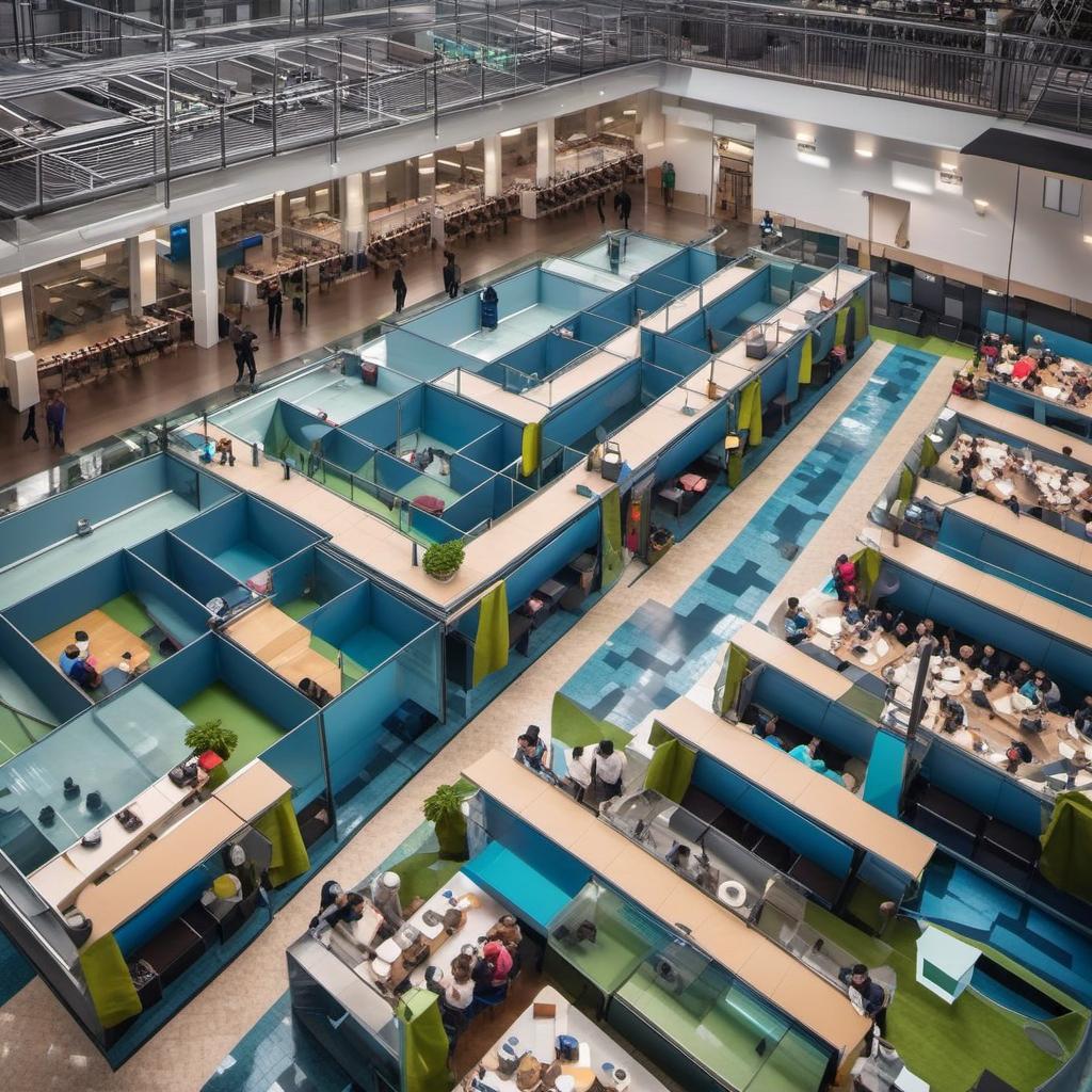  interior aerial view of high school cafeteria 3 stories with balcony and food lines, mystical style