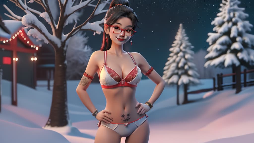  full-body 3D render of a Thai woman standing in a snow covearea, smile, black triplettails, breasts, lipstick, (white+red bra and G-String:1.3), sky, optic glasses, tree, (colorful tattoos:1.35), starry sky, Christmas, sexy pose