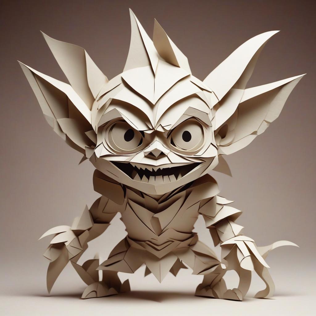  kirigami representation of goblin . 3d, paper folding, paper cutting, japanese, intricate, symmetrical, precision, clean lines