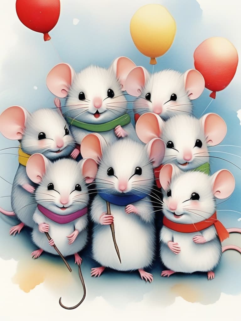  a masterpiece,(((5 cute little mice))),holding a bic red balloon 🎈,a letter tied to the end of a balloon string,acorns,smiles,good friends,fairy tale style,crayon drawing,gentle colors,delicate,detailed,