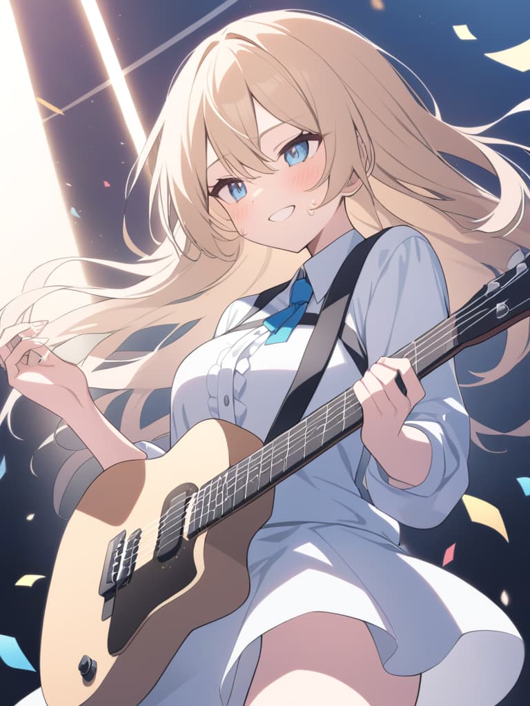  a masterpiece,one girl,blonde hair,blue eyes,sweat,swaying hair,playing electric guitar,smiling,singing,confetti,