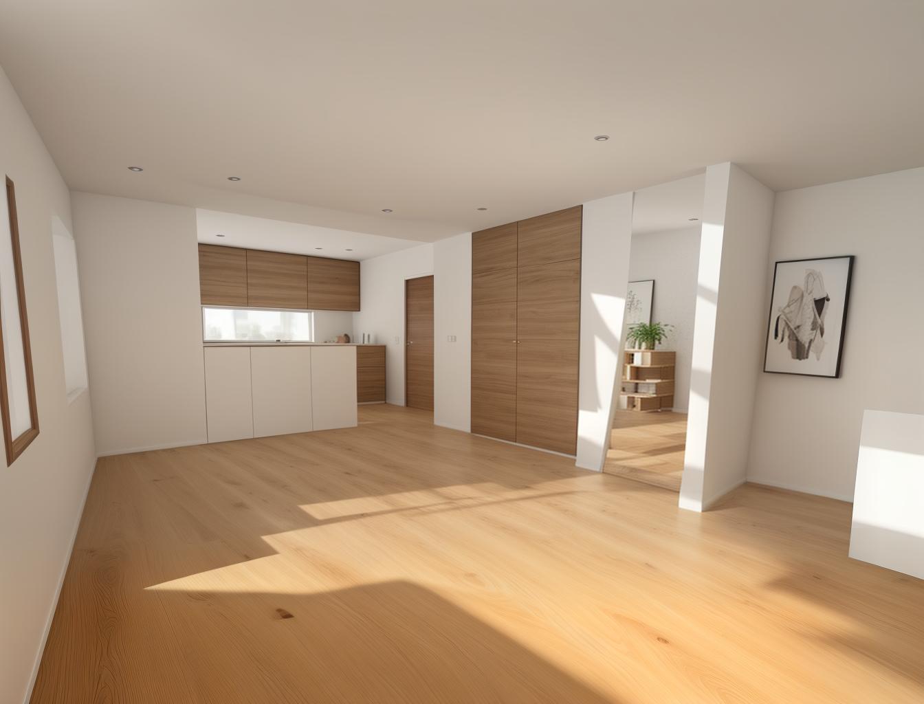  produce a photorealistic rendering of a minimalist living room with a wooden floor. the space should feature a simple, modern sofa as the focal point, with clean lines and neutral colors that complement the natural wood grain of the flooring.