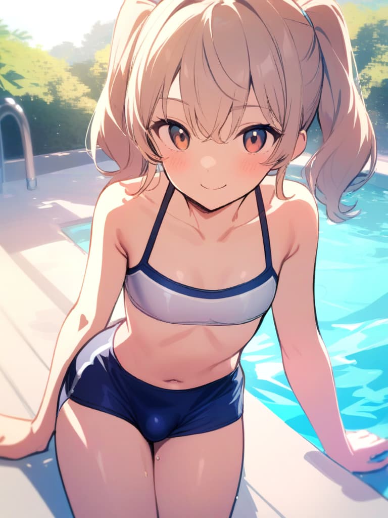  women's elementary students, twin tails, rich smiles, cute smiles, navy blue swimwear, old swimwear, swimwear, simple, male, shaped clear , shaped clear, clear stem, shaped crisp, male bulge,, front. the whole body, pool side,