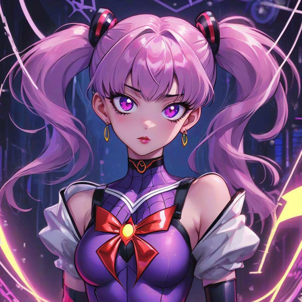  anime artwork anime style, gothic style, girl with purple hair, girl with one ponytail, bandage on one eye, sailor moon costume, gothic makeup, cyberpunk, neon, gwen stacy costume, spider, spider man, frowny face . anime style, key visual, vibrant, studio anime, highly detailed, hkmagic