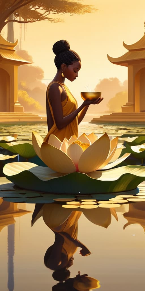  minimalism, a beautiful black woman with brown skin. she stands divinely in a lotus flower pond. she is pouring water from a golden clay pot into the pond. there is golden light casted on to her and the scene. the atmosphere is calm and serene, abstract, simple geometic shapes, hard edges, sleek contours, minimalism