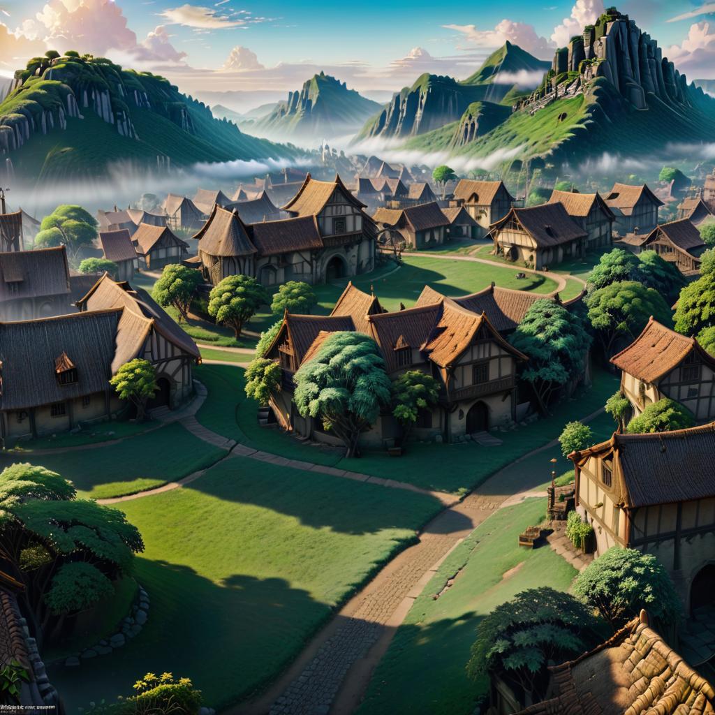  anime artwork view of the medieval village from a bird's eye view . anime style, key visual, vibrant, studio anime, highly detailed, civitai hyperrealistic, full body, detailed clothing, highly detailed, cinematic lighting, stunningly beautiful, intricate, sharp focus, f/1. 8, 85mm, (centered image composition), (professionally color graded), ((bright soft diffused light)), volumetric fog, trending on instagram, trending on tumblr, HDR 4K, 8K