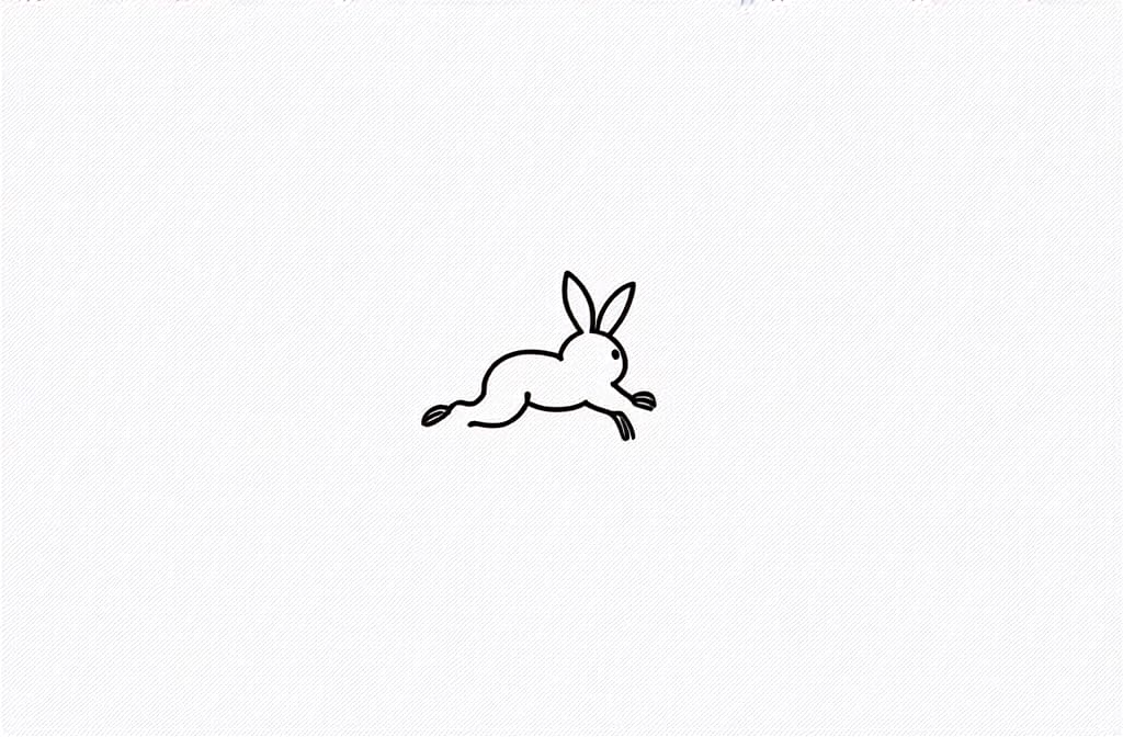  contour, very simple image in one unbroken black ink line, single line of bunny jumping away ar 3:2 using a single continuous black line ink brushon white background, drawing should be created without lifting the pen, recognizable features of bunny jumping away ar 3:2 in one unbroken line