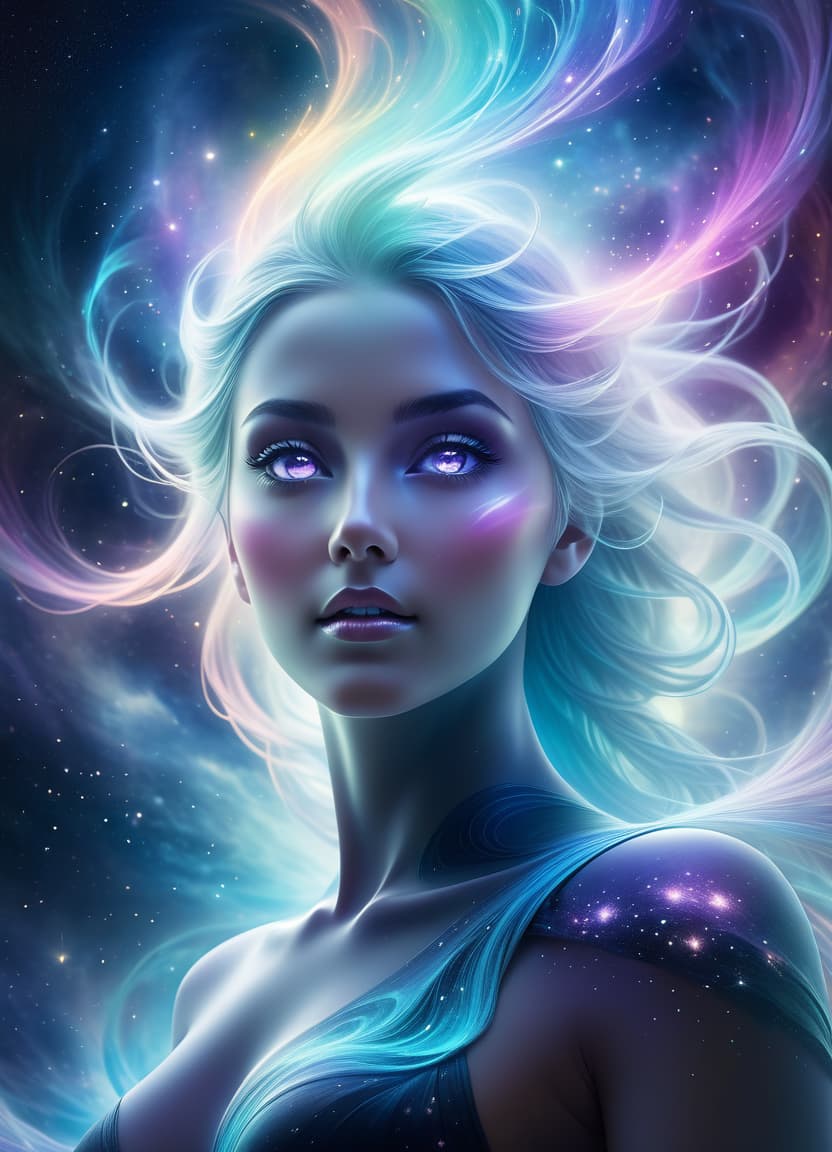  concept art magical fantasy, ethereal character <lora:add detail xl:0.8>, image of a face dissolving like a ghostly vision in the flow of galactic space and infinity of time, airy colors, pastel tones, soft dark background . digital artwork, illustrative, painterly, matte painting, highly detailed