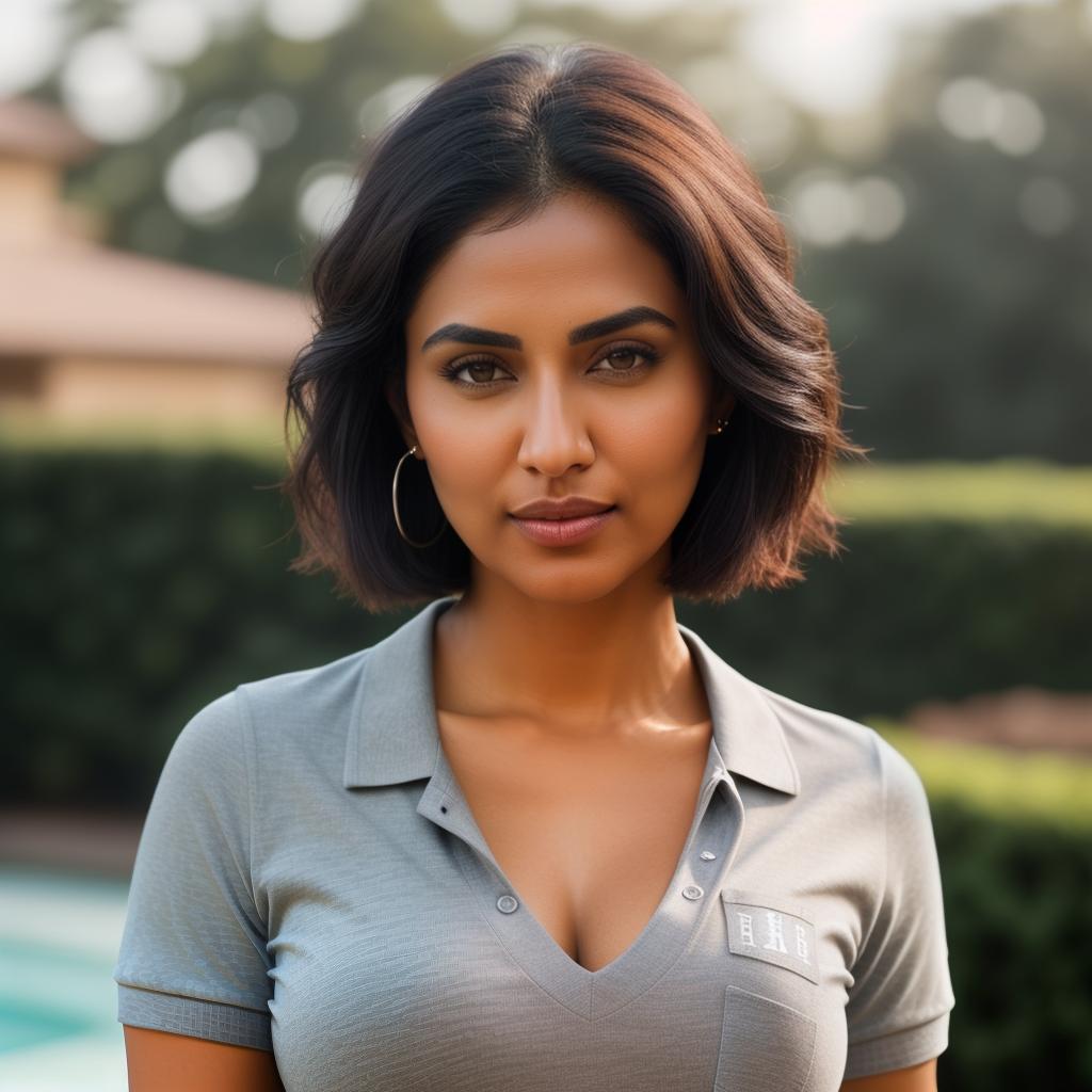  (((realistic full torso frontal head shot of a light brown to medium brown skin tone woman))), esha vidya singh, ((indian heritage)), immature face, blue eye color, ((short hair style)), ((black hair color)), ((skinny body type)), medium size, big size, (immature small upturned nose), (immature prominent cheekbones), (immature smooth jawline), (immature full lips), (immature medium forehead), (immature even eyebrows), (immature rounded chin), standing straight looking directly into the camera,((wearing fitted polo shirt with deep v neck and monogrammed pocket)), backyard in background, 1girl, best quality, highest quality, award winning photo, masterpiece, raw, professional photography, photorealism, sharp focus, cinematic, hyperrealistic, full body, detailed clothing, highly detailed, cinematic lighting, stunningly beautiful, intricate, sharp focus, f/1. 8, 85mm, (centered image composition), (professionally color graded), ((bright soft diffused light)), volumetric fog, trending on instagram, trending on tumblr, HDR 4K, 8K