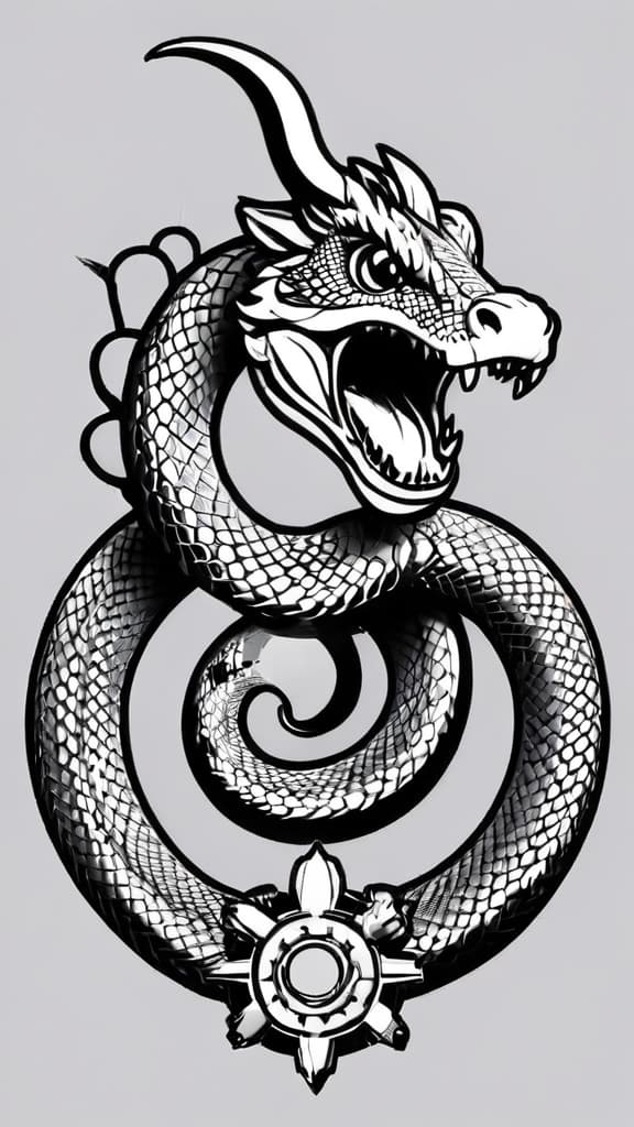  i am a gear live in new zealand half scottish half french have six kids and grand children and they chinese zodiac is dragon / ox /snake , rabbit / tiger / monkey horse back tattoo all in one body , (tattoo sketch:1.25), drawing