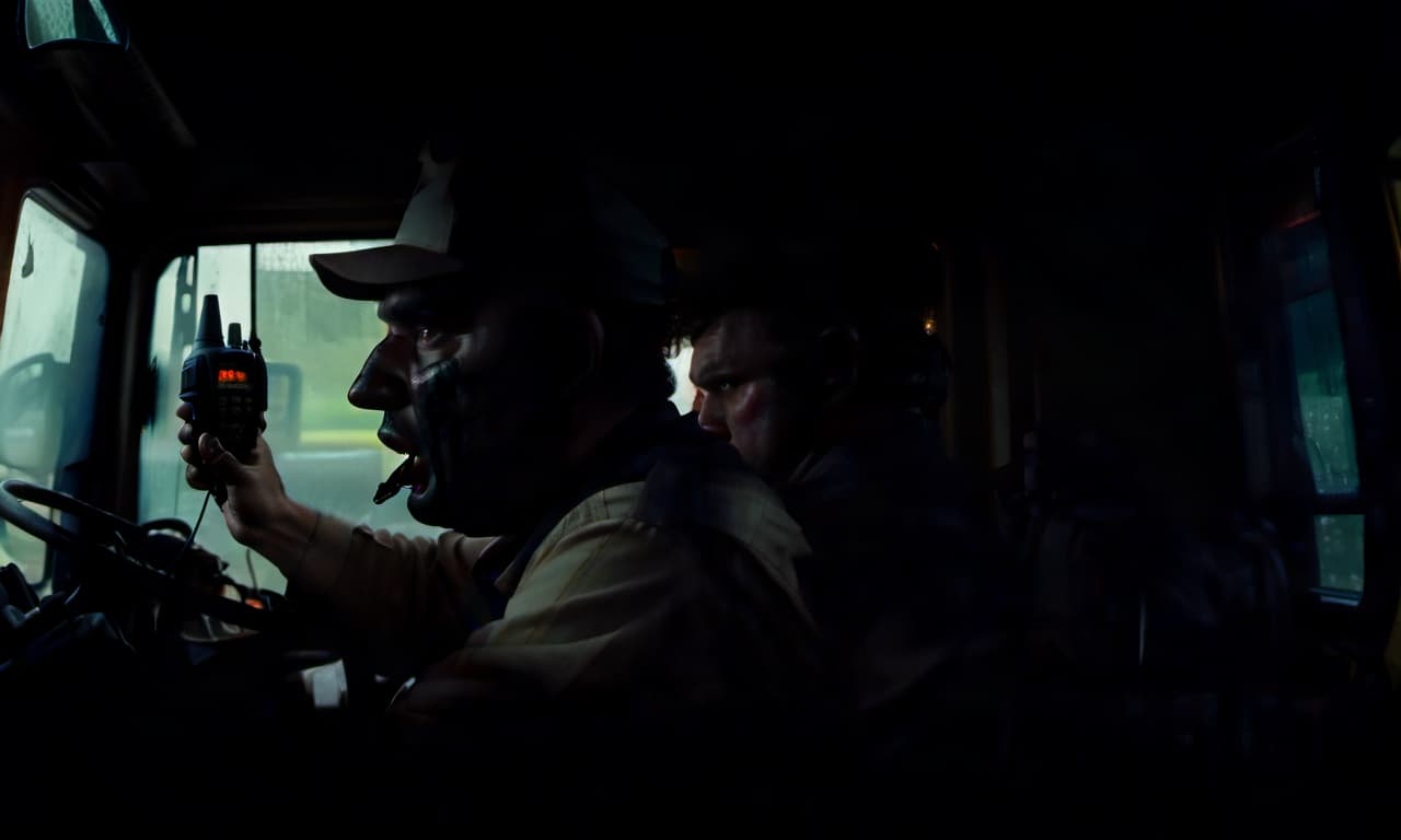  horror themed side view, truck driver in the cab of the truck with a walkie talkie in his hands, on the face of the squirm . eerie, unsettling, dark, spooky, suspenseful, grim, highly detailed, film photography style