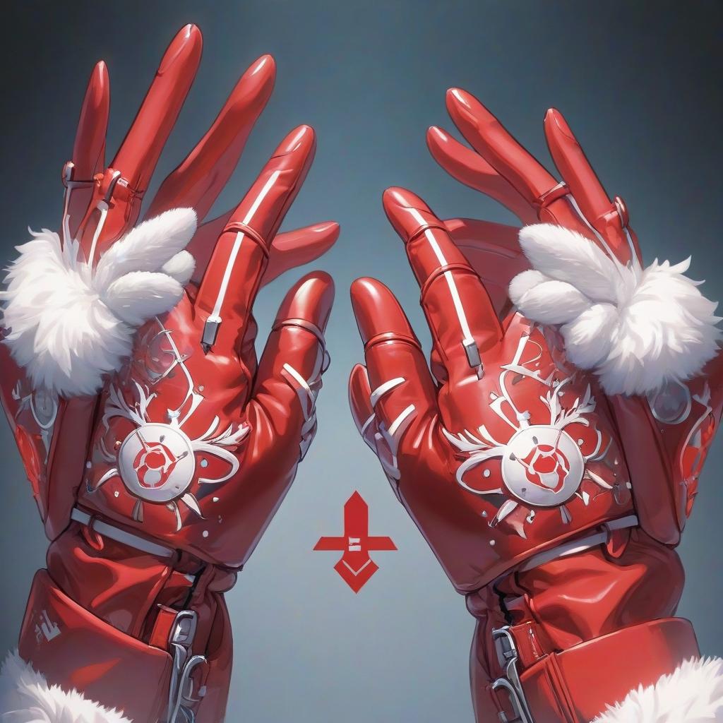  anime artwork the gloves are both red, there are white details and the fingertips are pointed like claws. . anime style, key visual, vibrant, studio anime, highly detailed