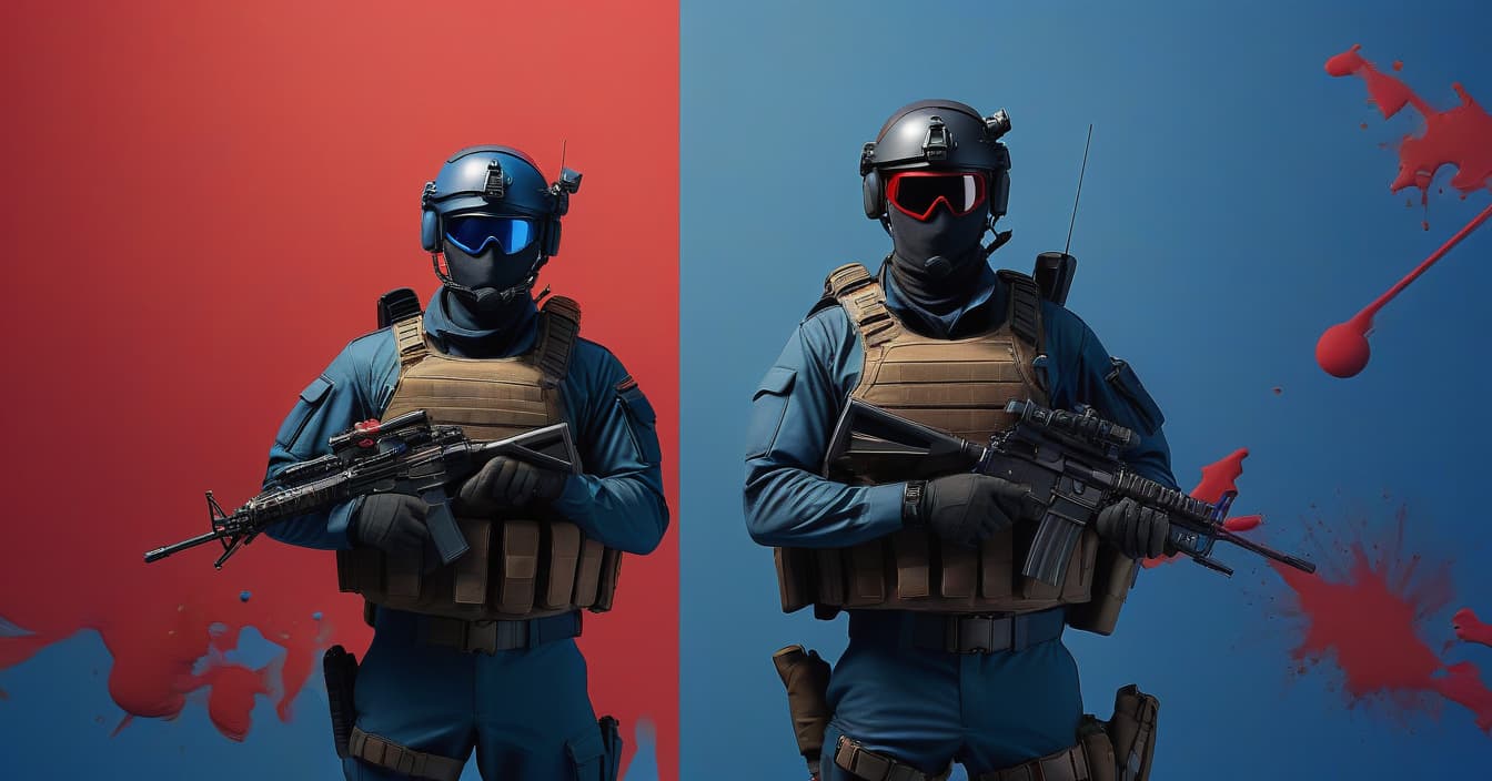  background image, blue red background without text, on the left side blue and on the right red. on the left side of the special forces, and on the right side of the terrorist with a bomb