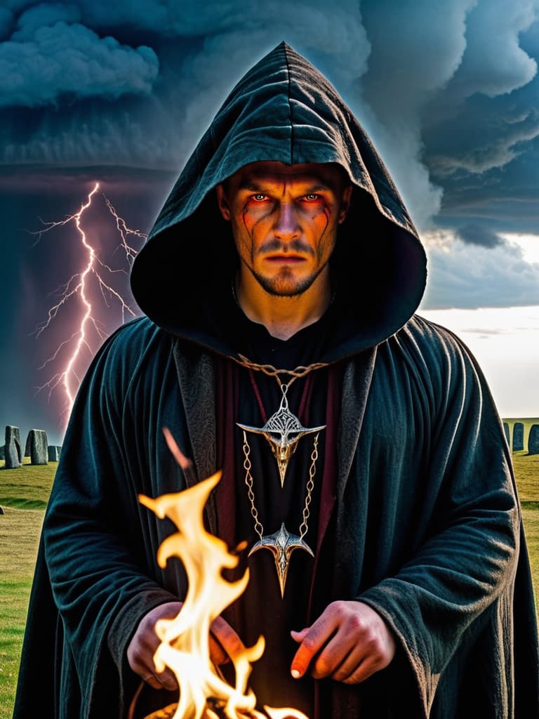  Pagan warlock, facing viewer, wearing a hooded cloak, his face hardened, eyes cold, a scar runs down the left side of his face; standing at an alter, conjuring a fire elemental from within Stonehenge during a thunder and lightning storm