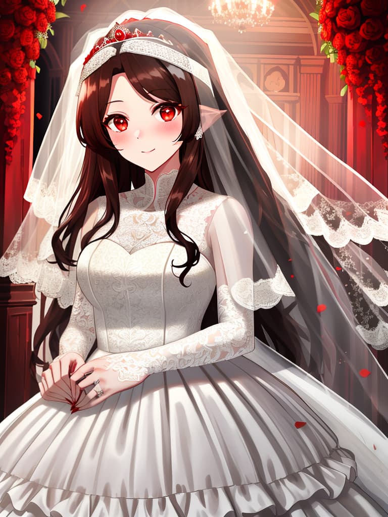  deep brown hair color & red eyes:1.5,lovely and beautiful woman,(((wearing white lace wedding veil & princess line wedding dress))),happy bride,