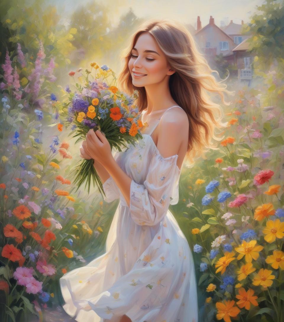  garden wonders, beautiful woman holding a bouquet of wild flowers to her face, detailed summer garden background, wearing a summer dress, perfect face, delicate face, vivid colors, happiness, oil painting, expressive brushwork, highly detailed, delicate details