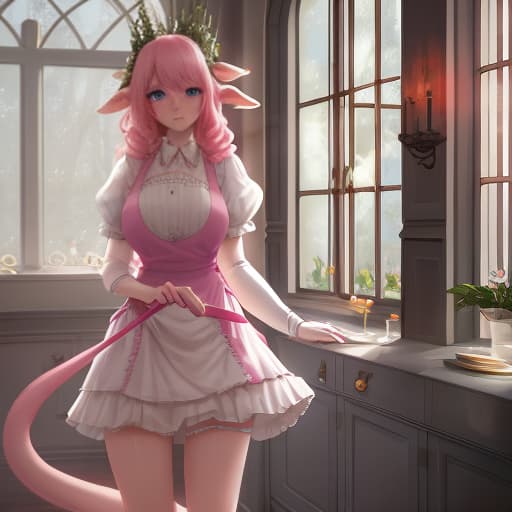  , with curly, , pink hair, fair skin, aprons, white wings, blue eyes, poufy dress, of parties and cakes, goat legs, , long, pink tail. hyperrealistic, full body, detailed clothing, highly detailed, cinematic lighting, stunningly beautiful, intricate, sharp focus, f/1. 8, 85mm, (centered image composition), (professionally color graded), ((bright soft diffused light)), volumetric fog, trending on instagram, trending on tumblr, HDR 4K, 8K