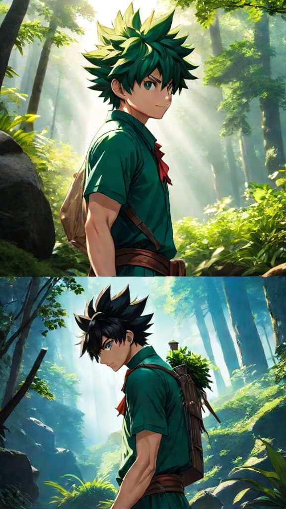  anime art: deku's potential with one for all unfolds, revealing inherited quirks beyond raw strength. hyperrealistic, full body, detailed clothing, highly detailed, cinematic lighting, stunningly beautiful, intricate, sharp focus, f/1. 8, 85mm, (centered image composition), (professionally color graded), ((bright soft diffused light)), volumetric fog, trending on instagram, trending on tumblr, HDR 4K, 8K