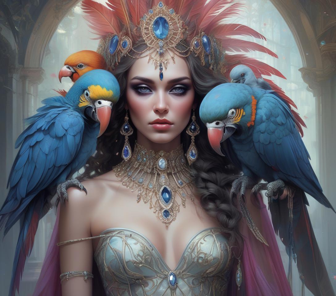  concept art hyper realistic, hyper detailed fantasy art; elegant, intricate, detailed, symmetrical face, accurate anatomy and eyes by tom bagshaw, magali villenueve; karol bak, of a beautiful woman with colorful parrot feather headdress and shoulder jewelry, diamonds, sapphires, insanely detailed, artgerm, wlop, tom bagshaw, magali villenueve; karol bak, photograph taken on nikon d750, intricate, digital illustration . digital artwork, illustrative, painterly, matte painting, highly detailed