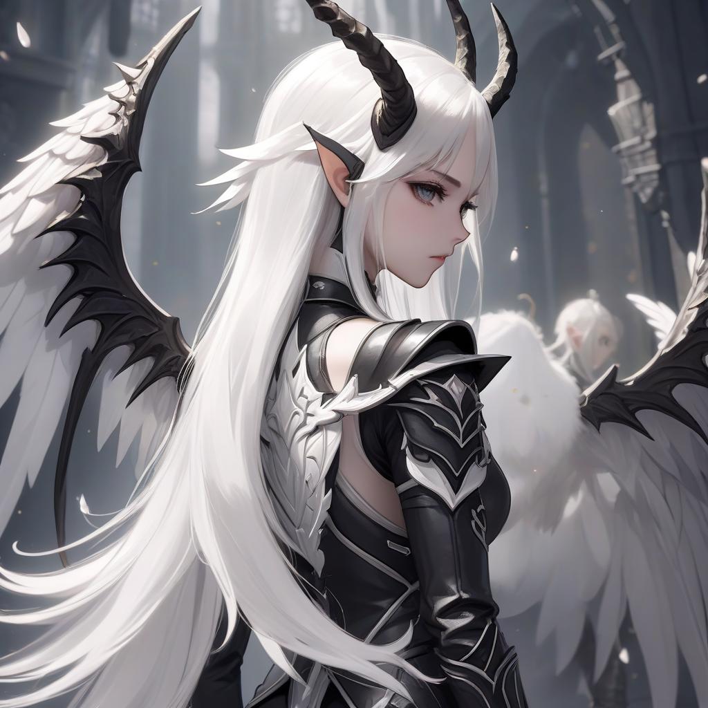  anime artwork dnd, young , black horns on the head, white skin, white hair, long hair in the tail, pointed elven ears, white fairy wings from the back, black leather armor, pearl on the . anime style, key visual, vint, studio anime, highly detailed, hkmagic