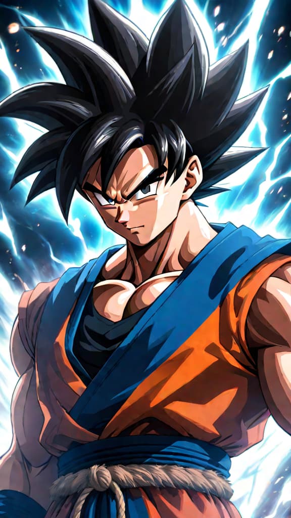  anime art: goku's evolving power breaks limits with endless possibilities, merging ultra instinct with new forms. hyperrealistic, full body, detailed clothing, highly detailed, cinematic lighting, stunningly beautiful, intricate, sharp focus, f/1. 8, 85mm, (centered image composition), (professionally color graded), ((bright soft diffused light)), volumetric fog, trending on instagram, trending on tumblr, HDR 4K, 8K