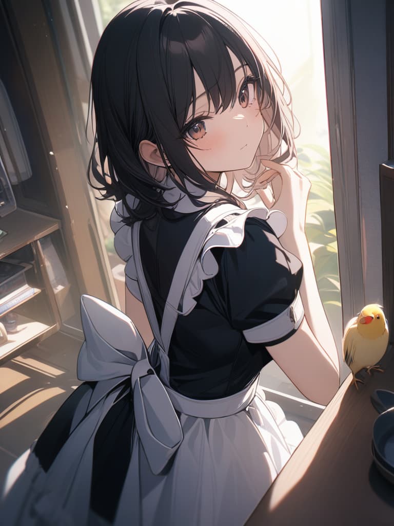  maid, maid clothes, black hair, medium hair, cute, girl, high image quality, blind, cockcho, sunlight, cockatiel., masterpiece, best quality,8k,ultra detailed,high resolution,an extremely delicate and beautiful,hyper detail