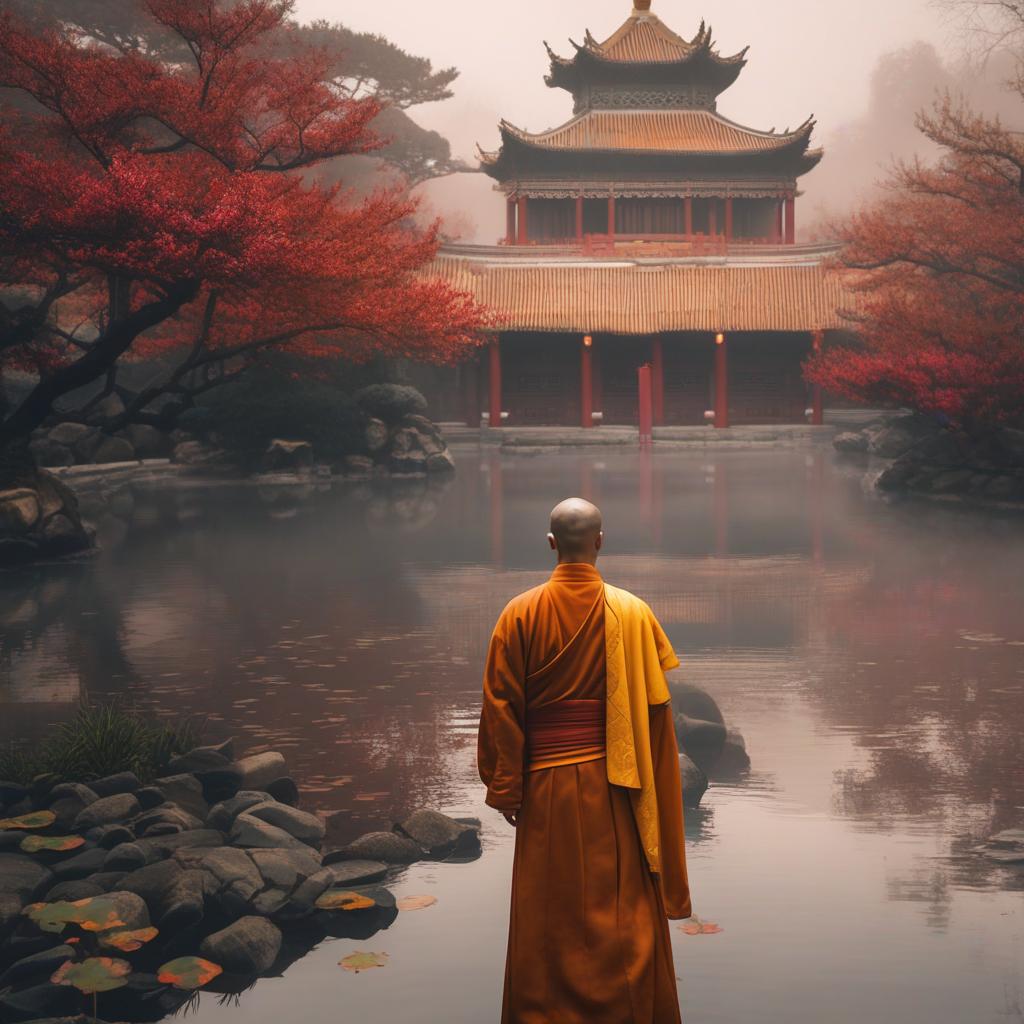  masterpiece, best quality, (fidelity:1.4), best quality, masterpiece, ultra high resolution, poster, dream art, back,8k resolution, chinese style, male monk, temple, quiet, monk costume, fog, movie lighting effects