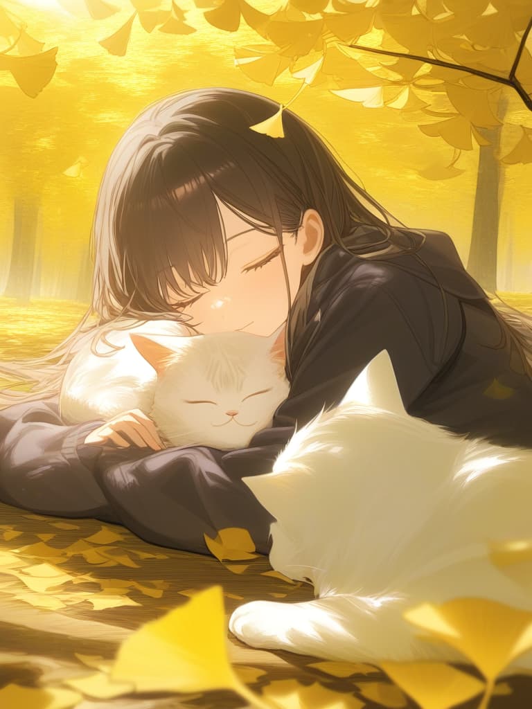  1cat ,japanese cat,cat sleeping on fallen leaves,falling ginkgo leaves,girl cuddling,ginkgo forest,midday sunshine,falling ginkgo leaves,