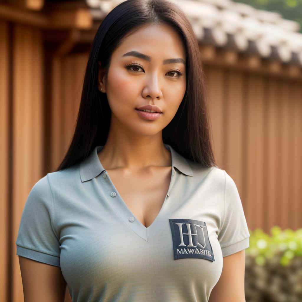  (((realistic full torso frontal head shot of a light tan skin tone woman))), jin a jung eun kim, ((korean heritage)), immature face, green eye color, ((straight hair style)), ((black hair color)), ((curvy body type)), medium size, small size, (immature broad rounded nose), (immature high cheekbones), (immature smooth jawline), (immature medium lips), (immature wide forehead), (immature even eyebrows), (immature pointed chin), standing straight looking directly into the camera,((wearing fitted polo shirt with deep v neck and monogrammed pocket)), backyard in background, 1girl, best quality, highest quality, award winning photo, masterpiece, raw, professional photography, photorealism, sharp focus, cinematic, high resolution, hyperrealistic, full body, detailed clothing, highly detailed, cinematic lighting, stunningly beautiful, intricate, sharp focus, f/1. 8, 85mm, (centered image composition), (professionally color graded), ((bright soft diffused light)), volumetric fog, trending on instagram, trending on tumblr, HDR 4K, 8K