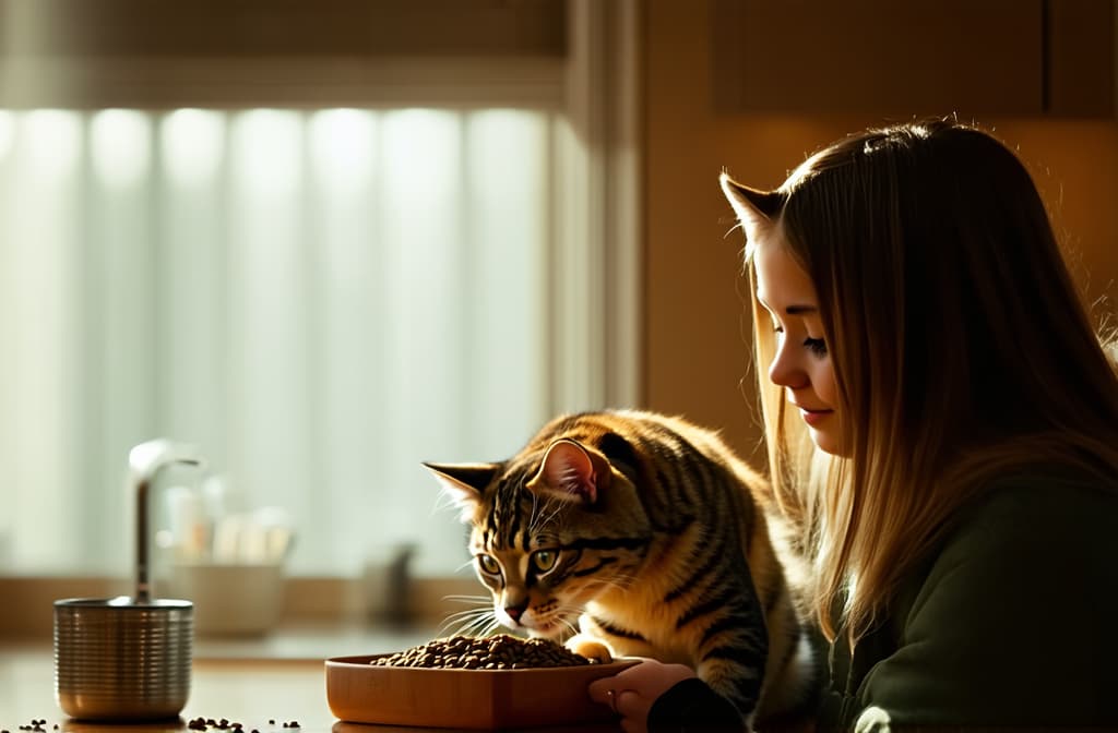  cinematic film style, girl feeding cat dry food, modern kitchen, soft light ar 3:2, shallow depth of field, vignette, maximum details, high budget hollywood movie, bokeh, cinemascope, moody, epic, gorgeous, sun rays and shadows on furniture and surfaces, flattering light, raw photo, photography, photorealistic, 8k resolution, f1.4, sharpened focus, sharp focus