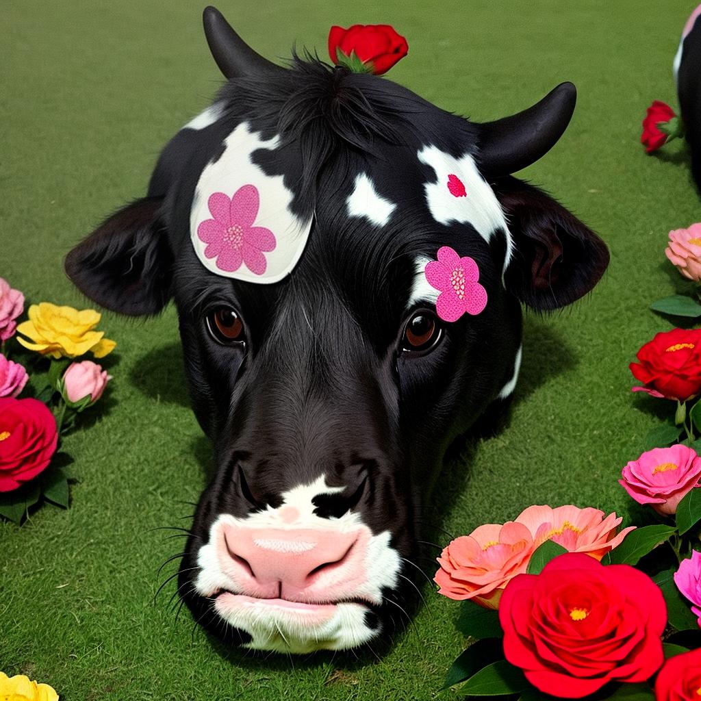  Masterpiece, best quality, cartoon cow head, wearing a flower