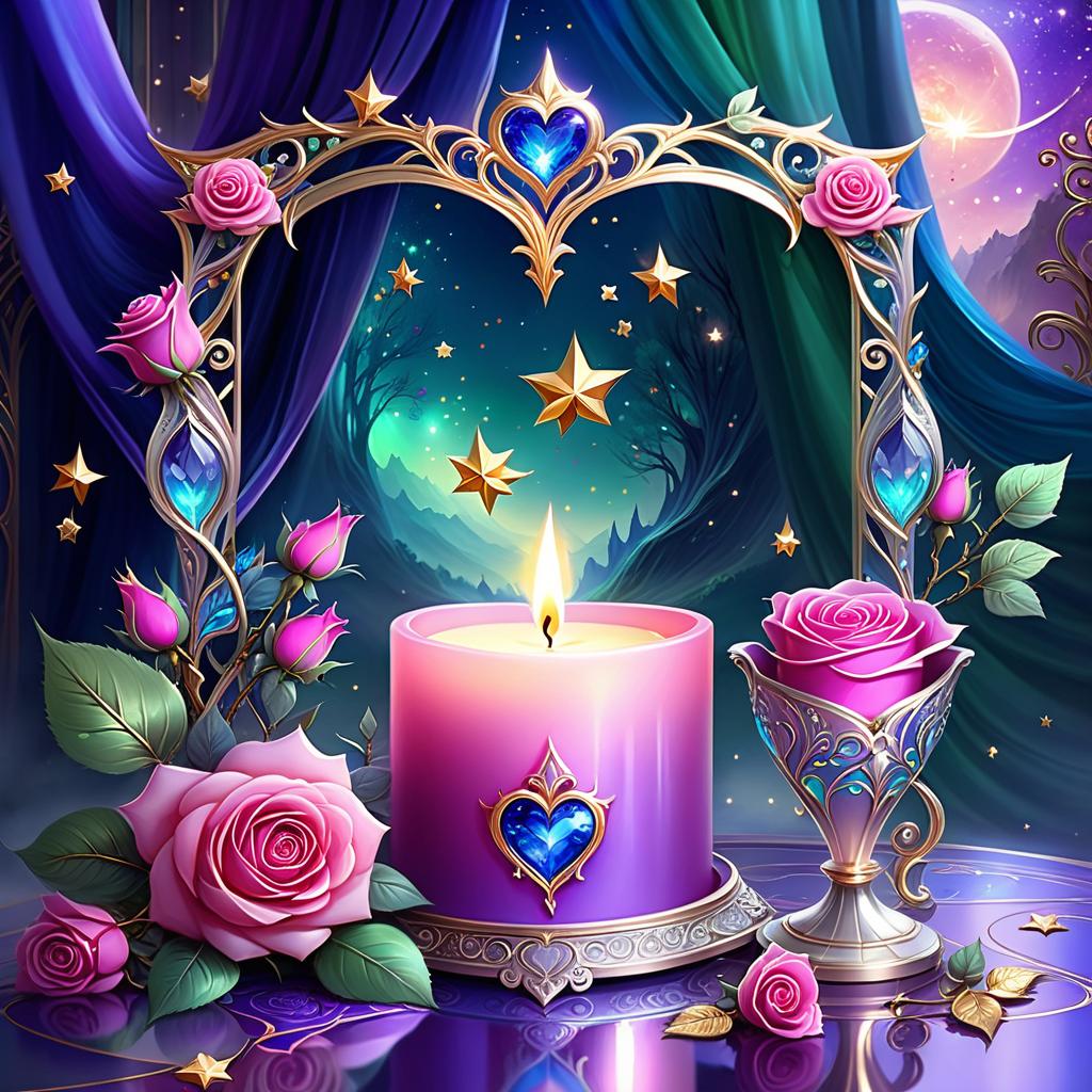  ethereal fantasy concept art of (background):colour:violet blue. (background decoration):silver frames in the shape of hearts and gold fancy stars. (centre):glass square pink candlestick and lighter decorated with fancy roses. (rose colour):pink, dark pink, with cream border. (leaf colour):dark green, green blue, light green. (style):fantasy, fantasy art design, jewellery, interior. . magnificent, celestial, ethereal, painterly, epic, majestic, magical, fantasy art, cover art, dreamy, civitai, hkmagic