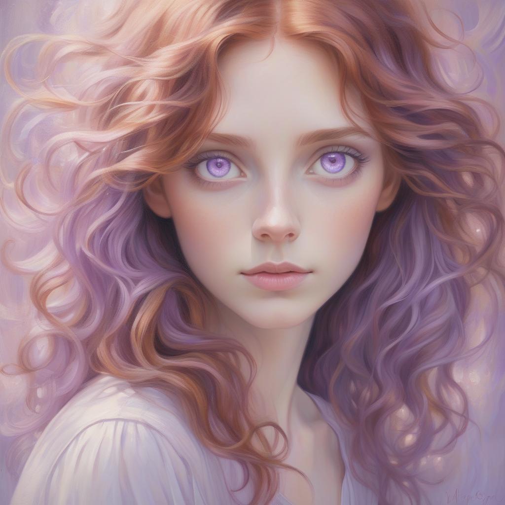  wavy auburn haired woman with light purple eyes, oil painting, soft and dreamy, pastel color tones, detailed hair strands, whimsical fantasy, ethereal lighting, high quality