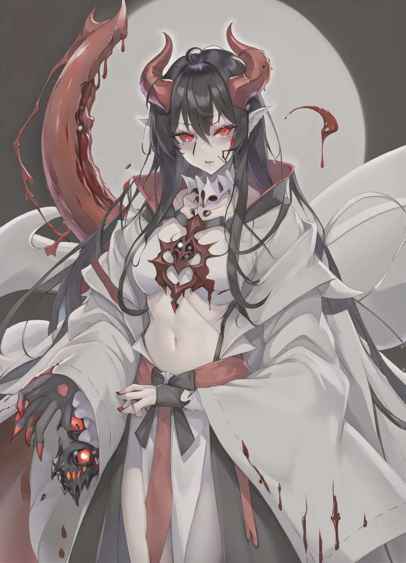  anime artwork demon woman, white skin, blood red eyes, black hair, white horns, black clothes . anime style, key visual, vibrant, studio anime, highly detailed